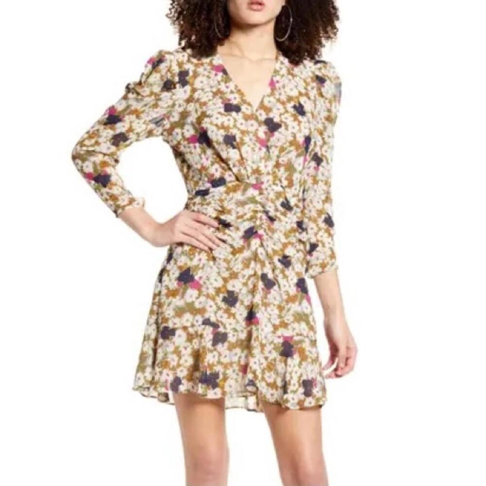 ASTR Olive Floral Ruched Mini Dress Surplice Neck Size S NWT - Picture 4 of 15